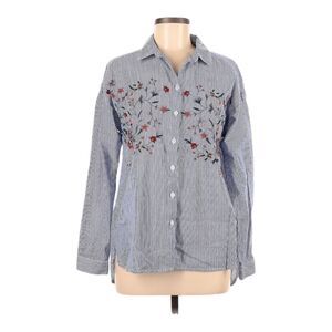 BeachLunchLounge Button-Down Shirt Size M Floral Embroidery Blue White Striped